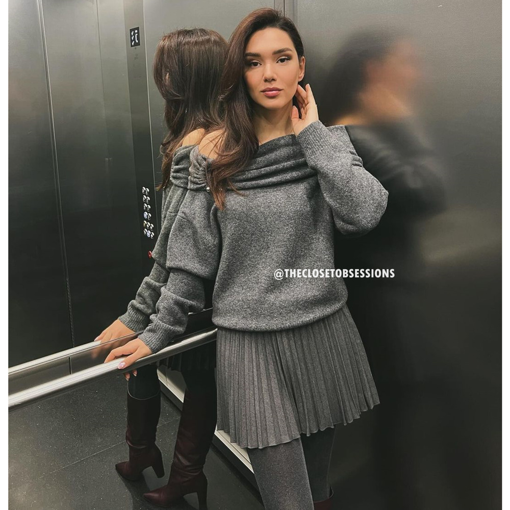 ZARA Bardot Off Shoulder Knit Sweater NWT Gray Foldover Neck Pearl Detail M - Picture 10 of 16